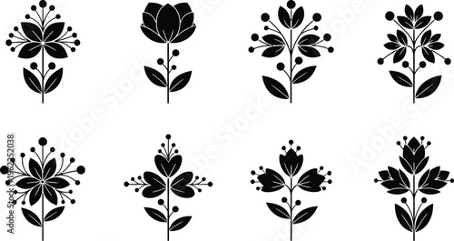 Collection of eight black stylized floral with leaves and berries on white background flower