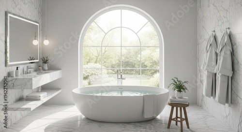 Modern bathroom interior with bathtub and large arched window daylight view