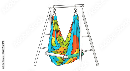 A colorful hammock chair suspended from a sturdy metal frame, perfect for relaxation and leisure in a backyard or indoor setting.