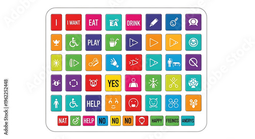 A colorful vector graphic of a communication board with various icons and symbols for non-verbal communication