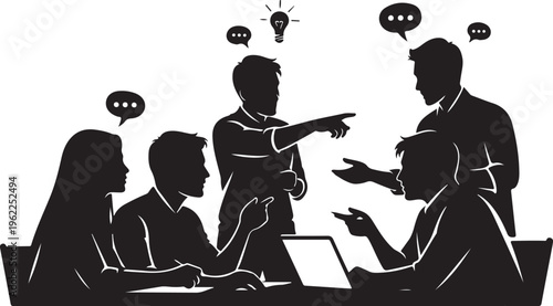 Business team, meeting discussion, office communication, black silhouette icons
