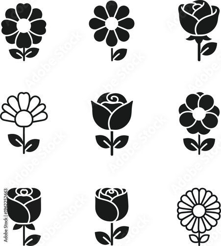Collection of nine black flower with stems and leaves on a white background flower rose daisy simple flower