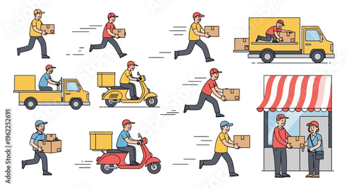 Delivery Service Collection - Couriers with Packages, Trucks, and Scooters.