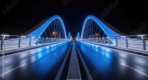 Modern bridge illuminated at night with blue lights and reflective surface