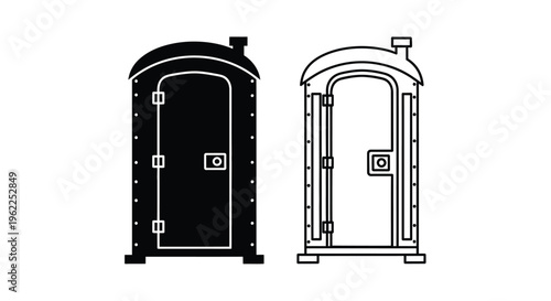 Black and white illustration of two portable restroom structures