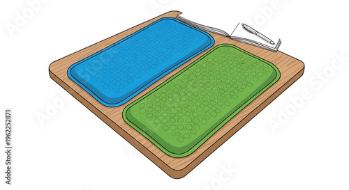 A vector graphic illustration of a wooden cutting board with blue and green silicone mats and a knife