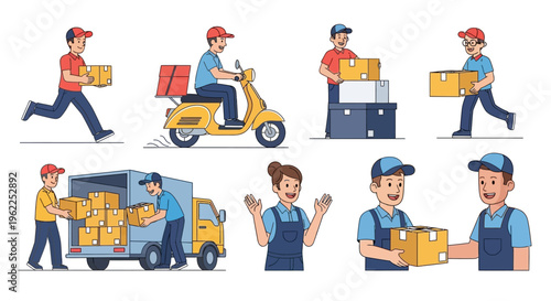 Delivery service workers handling packages, a comprehensive set of illustrations depicting various stages of the delivery process.