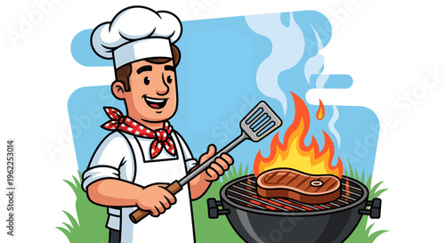 Cartoon chef grilling a steak outdoors.