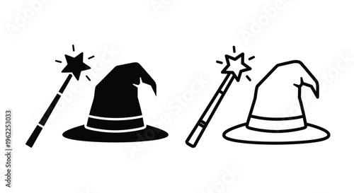Two sets of black and white wizard hats and magic wands