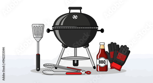 BBQ grill with utensils and sauce.