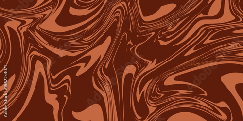 Retro coffee color background. Milk chocolate liquid dessert texture. Wavy swirl candy pattern for poster, cover, banner, pamphlet. Vintage brown trippy hippie wallpaper in 60s or 70s style. Vector