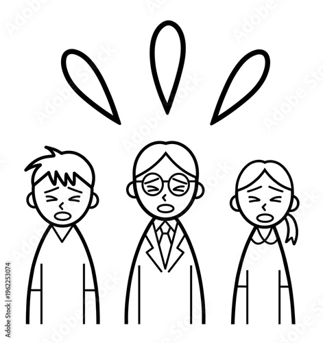 line drawing of three medical workers with tired faces and sweat droplets