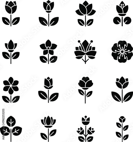 Collection of sixteen black stylized flower on white background flower floral blossom tulip rose lotus simple flower
