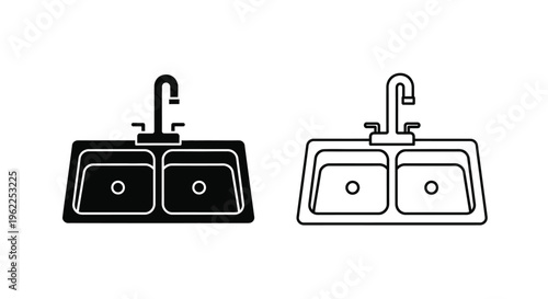 Black and white illustration of a double bowl kitchen sink with faucet