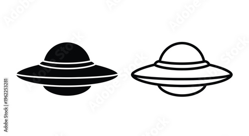 Two black and white illustrations of classic flying saucer ufos