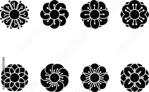 Eight black floral emblems with circular centers and radiating petal white symbol