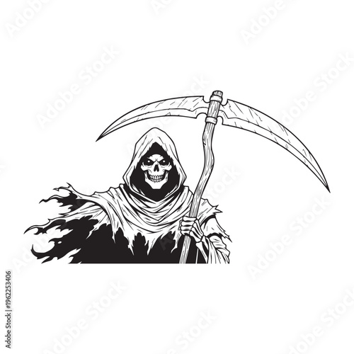 Grim Reaper, Death Symbol, Vector Illustration, Black and White