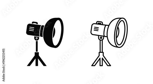 Two studio flash lights on stands black and white outline illustrations