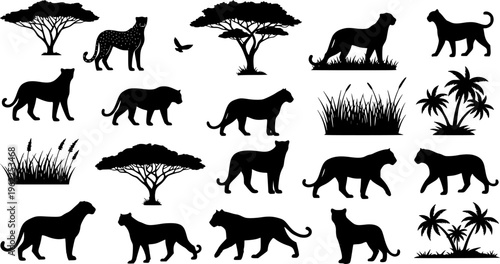Large collection of black silhouette wildlife featuring cheetahs, tigers, and panthers in savanna landscape with acacia and palm trees vector isolated on white