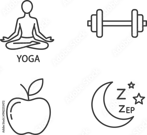 Four representing yoga dumbbell apple and sleep yoga meditation fitness dumbbell exercise apple healthy food sleep moon stars symbol outline