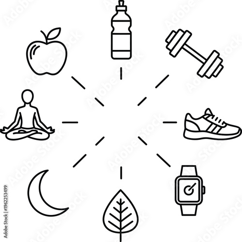 Health and wellness arranged in a circle apple yoga meditation moon leaf water bottle dumbbell and smartwatch