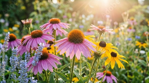 close up summer flowers with sun flare light