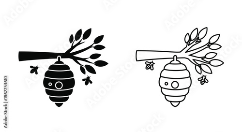 Two black and white illustrations of beehives with bees flying around