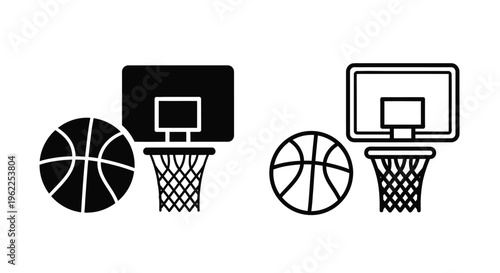 Two basketball hoops and balls depicted in black and white vector style