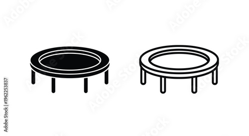 Simple black and white illustration of two round trampolines