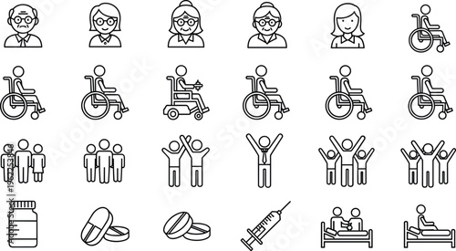 wheelchair icons set, disability symbols, accessibility signs, mobility aid illustration, medical equipment, inclusive design, handicapped transport, line art vector, healthcare concept collection