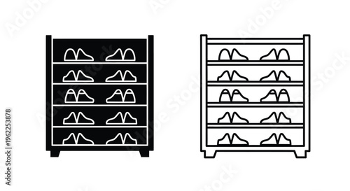 Two black and white depictions of a shoe rack with multiple pairs