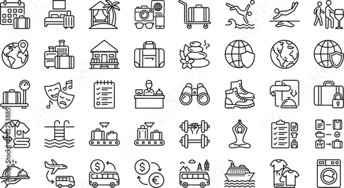 Travel and Tourism Line Icon Set with Airport Transport Hotel Beach Vacation Currency Exchange Laundry Spa Hiking and Holiday Service Outline Symbols