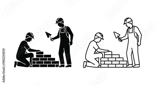 Black and white illustration of construction workers building with bricks