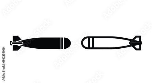 Two black silhouette illustrations of aerial bombs side by side