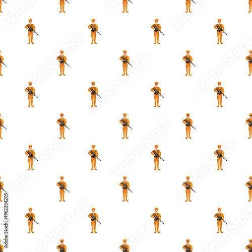 Repeating pattern showing soldiers in uniform holding rifles standing on white background