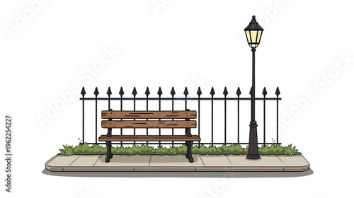 bench on the sidewalk near the iron fence