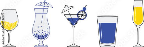 Set of Cocktail and Drink Glasses with Bubbles, Umbrella, and Citrus for Beverage, Party, and Celebration Design
