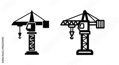 Two black and white illustrations of construction tower cranes