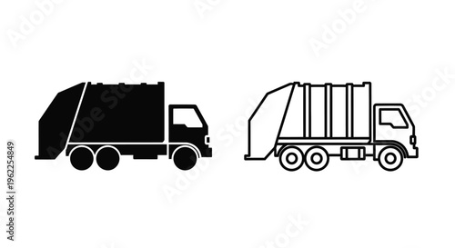 Two black silhouette illustrations of garbage trucks in different views