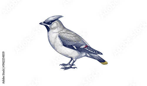 Detailed botanical drawing of a waxwing bird in profile on white background