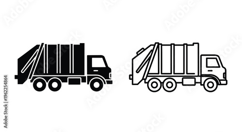 Two black and white icons depicting garbage trucks in different views