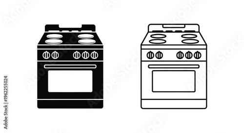 Two black and white illustrations of modern electric cooking ranges with ovens