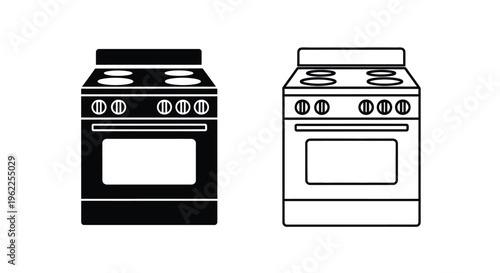 Two black and white illustrations of modern electric or gas cooking ranges