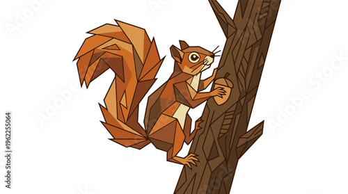 Brown Squirrel on Tree Trunk Side.