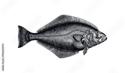 Detailed engraving of flatfish with distinctive features and intricate texture