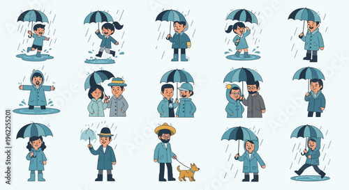 Diverse group of people of all ages enjoying a rainy day with umbrellas.