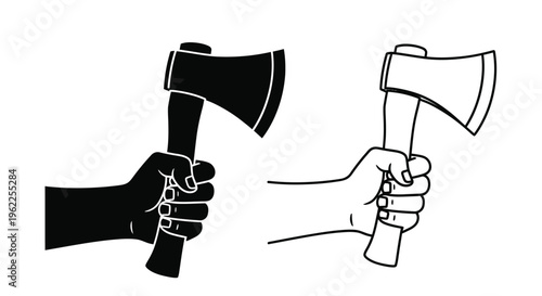 Two hands gripping axes in contrasting black and white styles