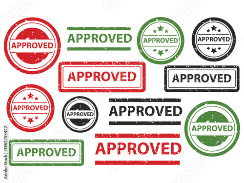 Collection of approved rubber stamps in various colors and shapes