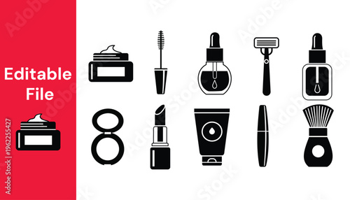 Set of beauty and cosmetic icons, including cream jar, mascara, serum, razor, lipstick, powder, tube, and makeup brush, vector illustration