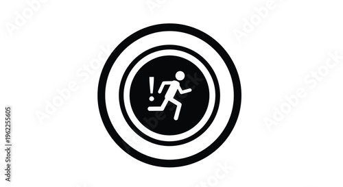 Black and white warning sign depicting a running person with an exclamation